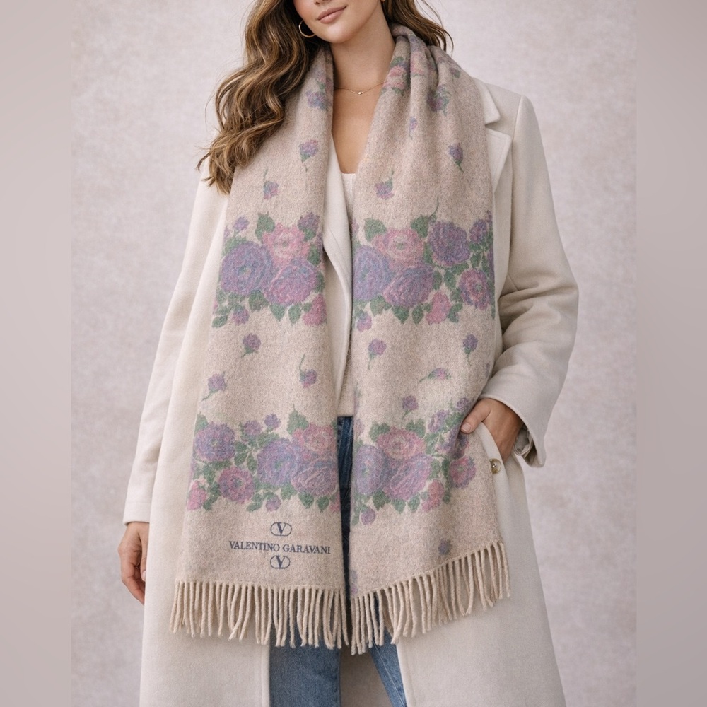 Valentino Garavani Vintage Floral Wool Scarf Shawl